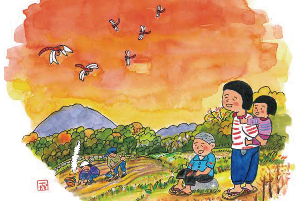明るい農村の四季「秋」夕焼けを舞う赤とんぼの秋色の里山