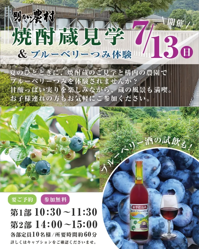 【焼酎蔵見学＆ブルーベリーつみ体験 in 明るい農村】

好評により午前の部、午後の部ともにイベントの受付を終了いたしました。たくさんのお問い合わせをいただきまして誠にありがとうございました。

ブルーベリーつみ体験の受付は終了いたしましたが、通常の蔵見学と人気銘柄のご試飲はご予約不要でご体験いただけます。

どなたさまもお気軽にお立ち寄りくださいませ。
スタッフ一同、みなさまのご来店をお待ちしております。

……………………………………………………………

霧島町蒸留所 「明るい農村」

■営業時間：9:00～17:00

■焼酎蔵見学（無料・ご予約不要）
（蔵見学 最終受付 16:30）

■試飲コーナー・直売所もございます。

■住所：〒899-4201
鹿児島県霧島市霧島田口５６４−１
※霧島神宮駅から車で4分🚗
※霧島神宮から車で7分⛩
（県道60号線沿い）

■駐車場：普通車8台＋バス等1〜2台可
10名以上の団体のお客様、バスでお越しのお客様は予めご連絡をいただけますと幸いです。

■お問い合わせ
TEL:0995-57-0865